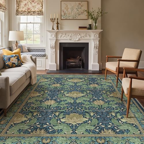 Bavni 8x10 Area Rugs, Floral Machine Washable Rugs for Living Room, Dinning Room, Bedroom, Non Slip Aesthetic Vintage Low Pile Durable Lightweight Farmhouse Rug, Tea Green/Blue