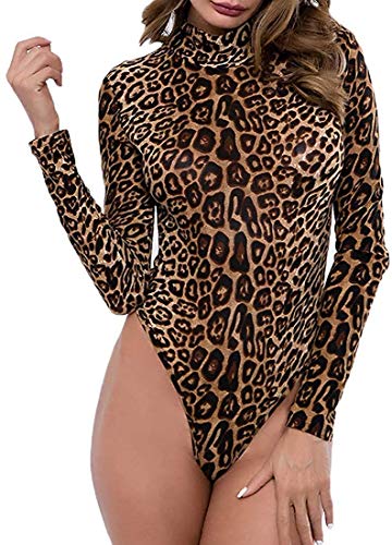 Loalirando Body/Combinaison Femme Sexy Chic sans Manches ou Manches Longues Imprimé Léopard Col Montant,Léopard 2,L