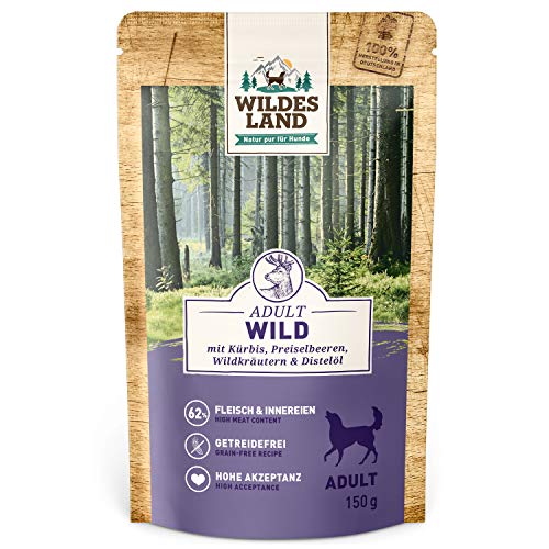 Wildes Land - Nassfutter Pouches - Nr. 7 Wild - 8 x 150 g - mit Kürbis, Preiselbeeren, Wildkräutern & Distelöl - Glutenfrei - Extra viel Fleisch - Beste Akzeptanz und Verträglichkeit