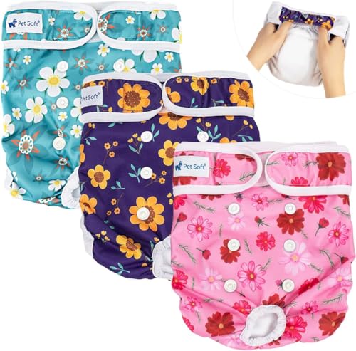 Pet Soft Washable Female Diapers (3 Pack) Female Dog Diapers, Comfort Reusable Doggy Diaper for Girl Dog in Period Heat (Cute Flower, L)