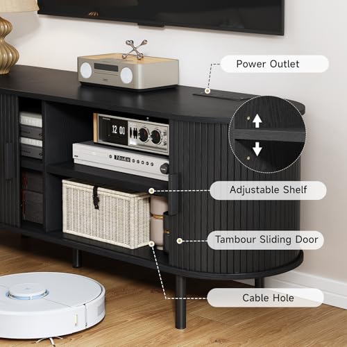 Image of 63 inch TV Stand with Power Outlet, Modern Media Console with Sliding Doors, Entertainment Center for TVs up to 60 Inch, Adjustable Shelves, Black