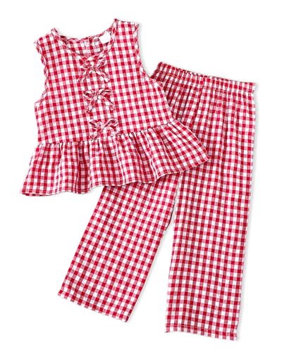 Doresbebe Baby Girl Clothes 2T Girl Outfits Summer Pant Set Size 3 Years Little Princess Matching Lovely Sleeveless Shirt Red Plaid Cute Bowknot Top Long Bottom Spring Dressing 2Pcs