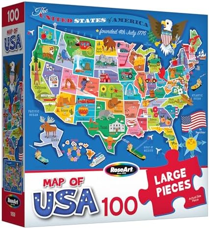 RoseArt Map of USA Puzzle for Kids – 100 Large Pieces, 24" x 18" ...