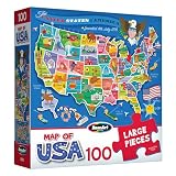 RoseArt Map of USA Puzzle for Kids – 100 Large Pieces, 24" x 18" – Educational United States Puzzle with Fun State Illustrations – Made in USA – Learning Toy for Ages 6+