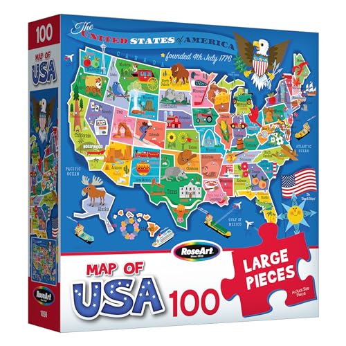 RoseArt Map of USA Puzzle for Kids – 100 Large Pieces, 24\" x 18\" – Educational United States Puzzle with Fun State Illustrations – Made in USA – Learning Toy for Ages 6+ - Thumbnail 2