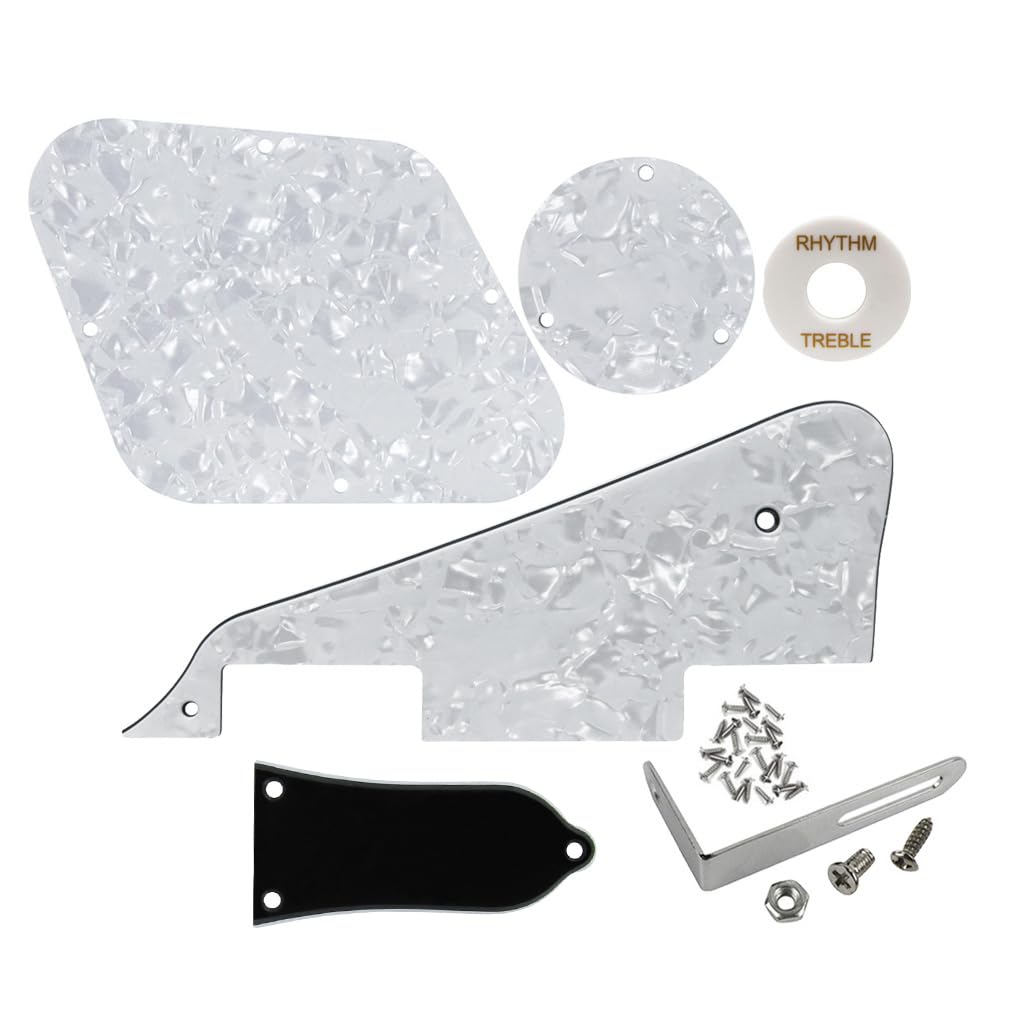 FLEOR Set of LP Pickguard/Control Backplate/Selector Switch Cover/Toggle Switch Ring/Truss Rod Cover/Chrome Bracket/Mounting Screws for LP Standard Guitar White Pearl 4Ply