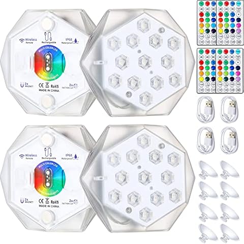 4 Pcs Rechargeable Submersible LED Lights with 4 Remote Magnetic Pool Suction Waterproof Light RGB Multi Color Underwater Shower Lights Bathtub Lights for Spa Pond Aquarium Hot Tub Party Decor Cover