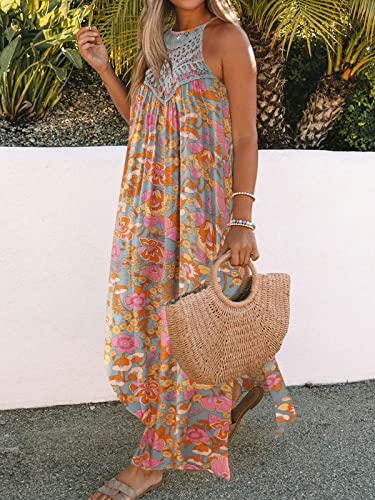 Image of FARORO Sleeveless Long Dress for Women Boho Halter Maxi Sundress Casual Loose Dresses Split Cover Up Gown with Pockets