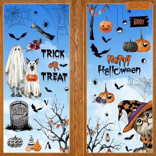 60 Pcs Halloween Window Clings - Happy Halloween Window Decorations, Trick or Treat Stickers Ghost Pumpkin Bat Cat Decals Set for Helloween Indoor Outdoor Glass Windows Decor Party Supplies, 9 Sheet