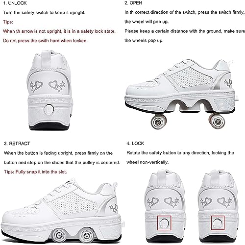 Image of Automatic Shoes Double-Row Deform Wheel Skate for Walking and Skating Invisible Deformation Roller Parkour Retractable Children's Shoes That Turn Into Rollerskates (40, White)