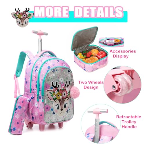 Girls Rolling Backpack for School Kids Wheeled Bookbag Set with Lunch Box Primary School Carry On Luggage with Wheels for Elementary Students Cute Daypack for Travels (12814T-3)4