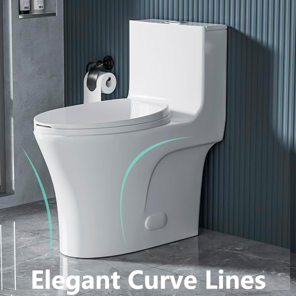 Miniatura 3 de Inodoro de una pieza de inodoro de doble descarga alargado estándar moderno 1.11.6 GPF asiento de cierre suave ahorra agua potente y silencioso,
