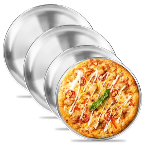 DMJJSD Juego de 4 bandejas para pizza redondas, acero inoxidable, con revestimiento antiadherente, para hornear y platos de servicio