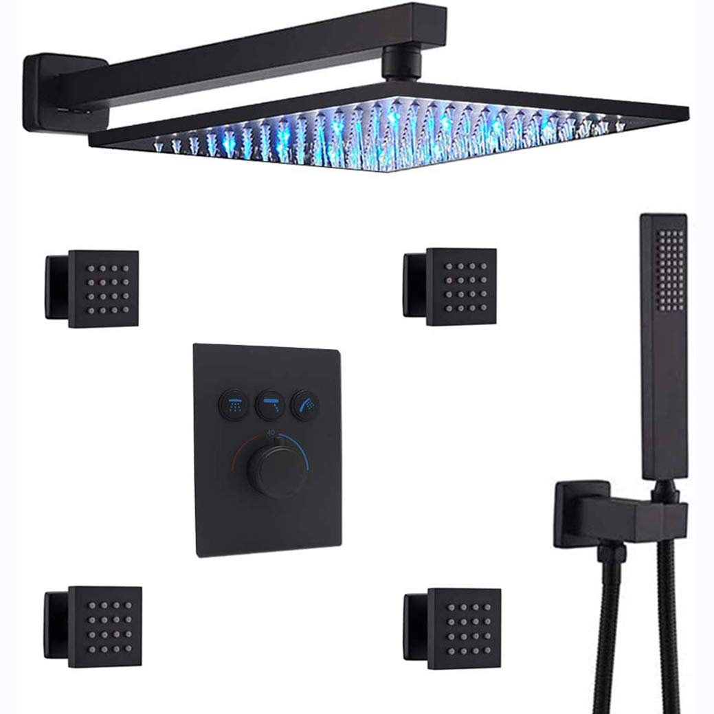 OZBMA Shower Set System, Wall Mount Thermostatic Brass Matte Black 10-12 Inch LED Rain Head Combo System with Body Jets and Handheld Bathroom Set,12