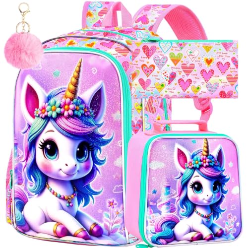 Image of CCJPX 16 inch Unicorn Backpack for Girls, 3Pcs Kids Bookbag with Lunch Box, Water Resistant Elementary School Bag for Kindergarten Preschool Toddler (Pink)