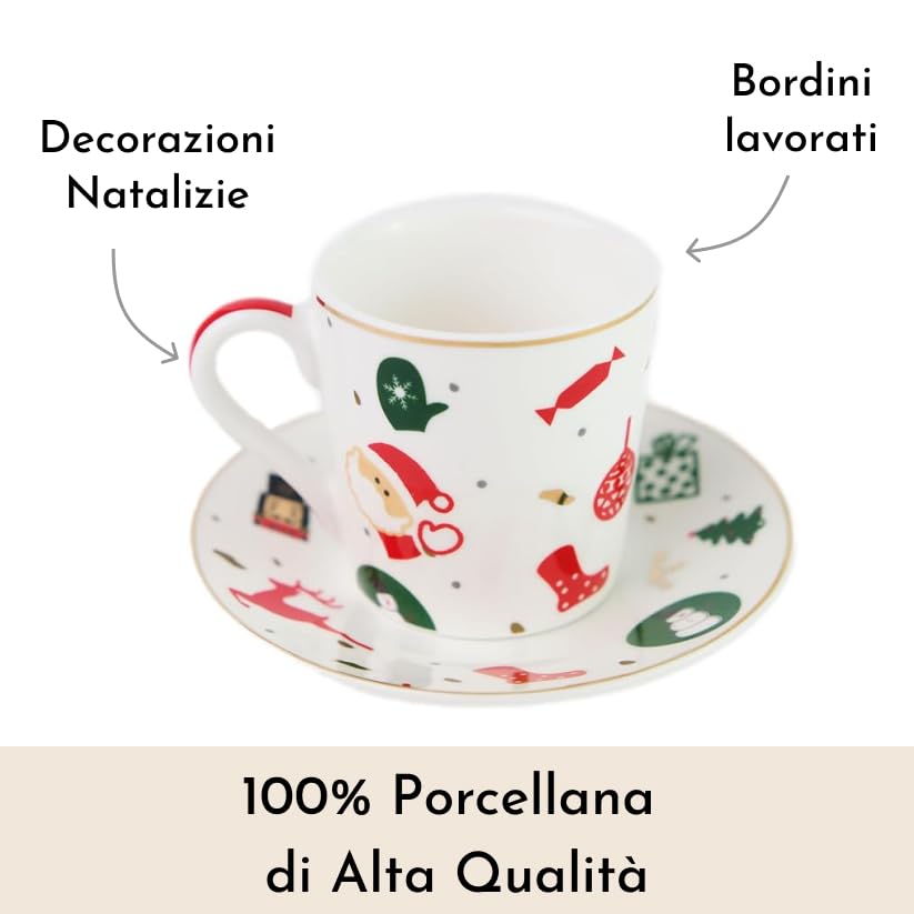 Tazzine Caffè, Set 6 Pezzi Fantasia del Natale in Porcellana con Piatto – Tazzine Caffè Particolari con Decorazioni Natalizie e Idea Regalo Natale per la Tavola delle Feste