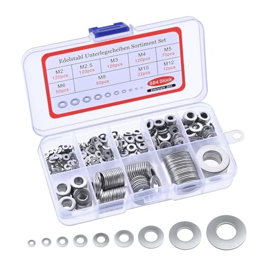 Conjunto surtido de arandelas de acero inoxidable con 9 tamaños: 684 piezas, arandelas planas y arandelas de seguridad.
