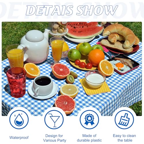 Image of 12 Pack Blue and White Plastic Checkered Tablecloth, Premium Decorative Disposable Blue Gingham Plaid Table Cloths for Parties, Rectangle Party Table Cover for Picnic Farm Birthday Wedding, 54x108Inch