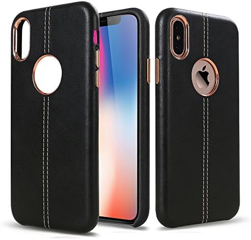 iPhone Xs/x Case, Hallsen Protective Back Cover Soft Case Premium PU Leather Slim Anti-Scratch Cover with Metal Rim for iPhone x/xs (5.8 Inch) -Black