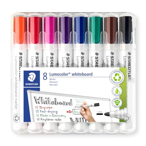STAEDTLER Whiteboard-Marker Lumocolor, trocken und rückstandsfrei abwischbar von Whiteboards, ca. 2 mm Linienbreite, hohe Qualität, Rundspitze, Set mit 8 Farben, 351 WP8