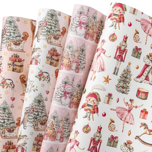 WRAPAHOLIC Kraft Nutcracker Christmas Wrapping Paper Sheet - 8 Sheets Watercolor White and Pink Winter Wrapping Paper Folded Flat for Christmas Holiday, Party - 19.7 Inch x 27.5 Inch Per Sheet