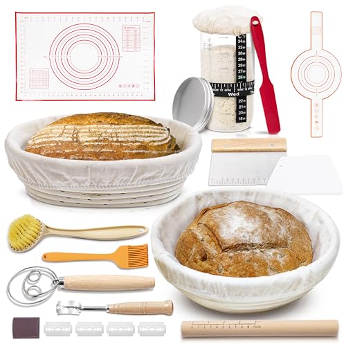 KITCHAD 13-piece Sourdough Starter Kit - 24oz Glass Sourdough Starter Jar with Thermometer, 9” Round & 10” Oval Banneton Bread Proofing Baskets, Sourdough Bread Baking Supplies with 20-recipes E-Book