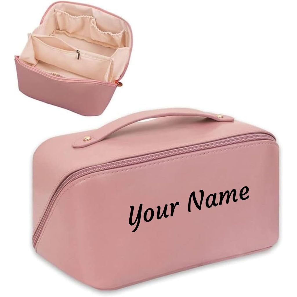 Travel Makeup Bag,Large Capacity Cosmetic Bags for Women,PU Leather Waterproof Portable Pouch Open Flat Toiletry Bag Make up Organizer with Divider and Handle (Pink Custom)-picture-20