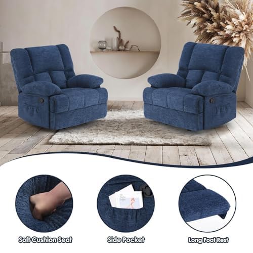 Image of Oversized Rocker Recliner Chair, Wide Rocker Chair with Adjustable Backrest Footrest, Lazy Boy Oversized Recliner for Adults, Reclining Sofa for Living Room, Reading, Bedroom, Blue