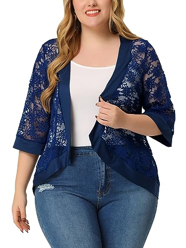 Image of Agnes Orinda Plus Size Cardigans for Women 3 /4 Sleeve Open Front Lightweight Sheer Shrug Lace Bolero Cover Up