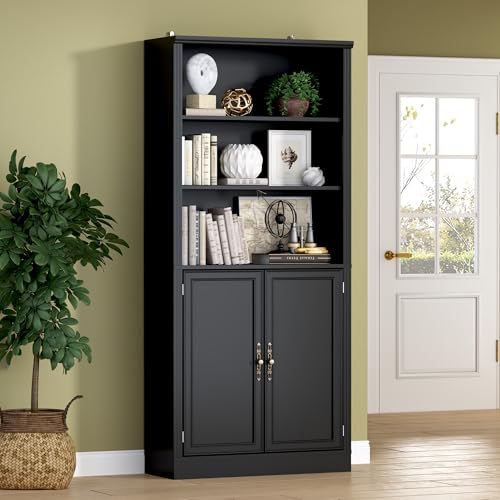 Image of BORNOON 70.1 inch Tall Bookshelf with Cabinet, 5-Tier Floor Standing Bookcase with Doors & Adjustable Shelves, 31.5 inch Wide Storage Shelf, Metal Handles, Modern Organizer for Home Office, Living Room