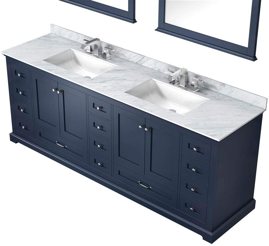 Dukes 84 in. W x 22 in. D Navy Blue Double Bath Vanity, Carrara Marble Top and 34 in. Mirrors