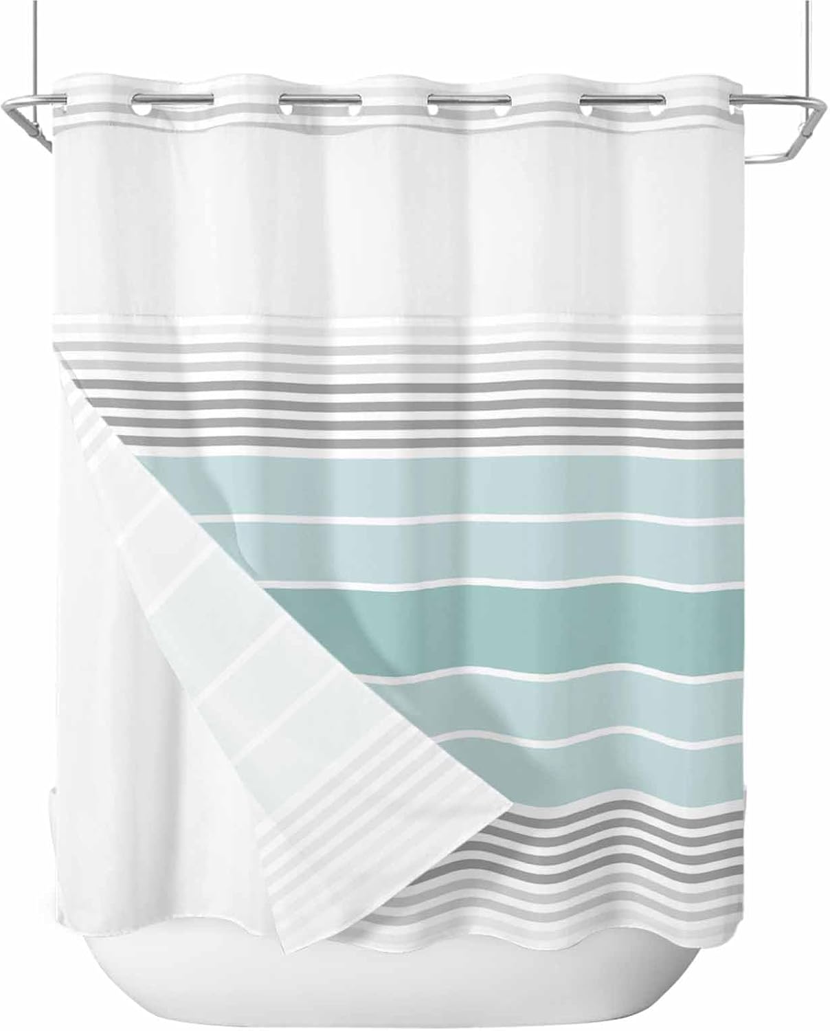Shower Curtain with Snap in Liner No Hooks Farmhouse Turquoise Gray Gradient Stripe Minimalist,Bath Curtain with See Through Top Window 72"x72" for Bathroom, Hotel Grade,Spa