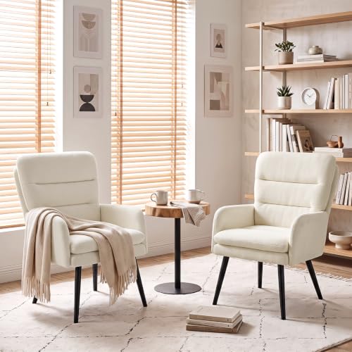 Image of Comfy Accent Chair Set of 2 Modern Boucle Living Room Chair,Beige | Upholstered High Back Armchair with Padded Seat, Cozy Reading Lounge Chair with Black Metal Legs for Bedroom, Small Space