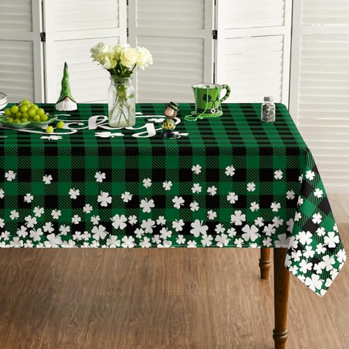 Horaldaily St. Patrick's Day Rectangular Tablecloth 60×84 Inch, Buffalo Plaid Shamrock Lucky Washable Table Cover for Party Picnic Dinner Decor