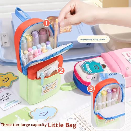 Image of Canvas School Bag Pencil Case, 3 Layer 6 Compartment Large Capacity, Aesthetic Pencil Pouch for Stationary, Cute Stationery for Kids, Pencil Case for Girls & Boys (Pink Little Tree)
