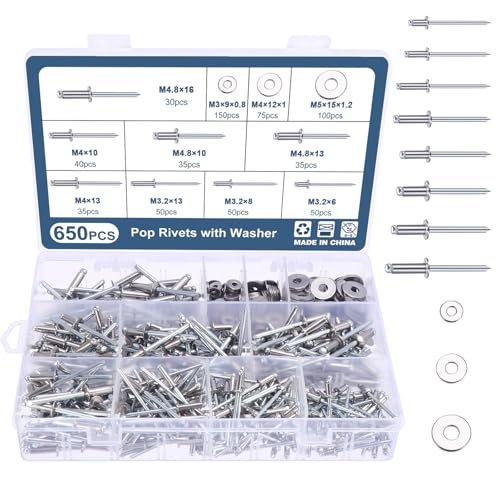 OCR 650PCS Pop Rivet Assortment Kit, 8 Sizes Aluminum Blind Rivets with 304 Stainless Steel Washers, Heavy Duty Fasteners for Automotive, Furniture & Industrial