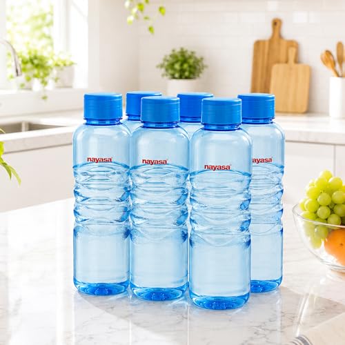 Image of Nayasa Revello 1000 ML Pet Plastic Fridge Water Bottles Set of 6 | BPA Free | Leak Proof | Airtight Lid | Blue