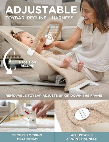 Image of Baby Delight Alpine Deluxe Portable Bouncer, Tan Sherpa | For Infant 0 - 6 months, 3-Position Recline, 3-Point Safety Harness, Removable & Washable Cover, Detachable Toy Bar