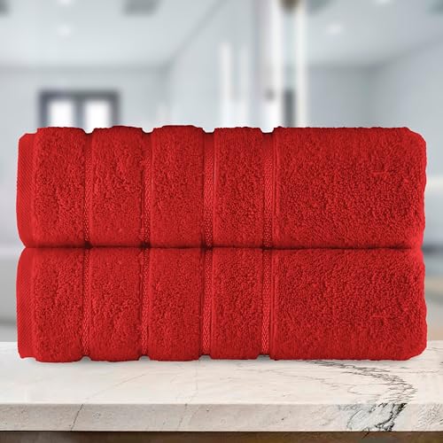 Image of Elegant Comfort 100% Turkish Cotton 4 Lines Viscose Stripe Luxury 2 Pack Bath Towel Set 27 x 54 Inch - Super Soft and Highly Absorbent Premium Hotel Spa Quality Towels for Bathroom Use, Red