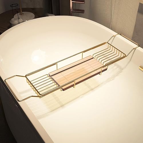 JKJZSALJ Adjustable Stainless Steel Bathtub Caddy Tray - No Drilling Sturdy Bathroom Shelf For Wine Candles Books Tablets & Phones - Multifunctional Bath Rack,Gold a-(69