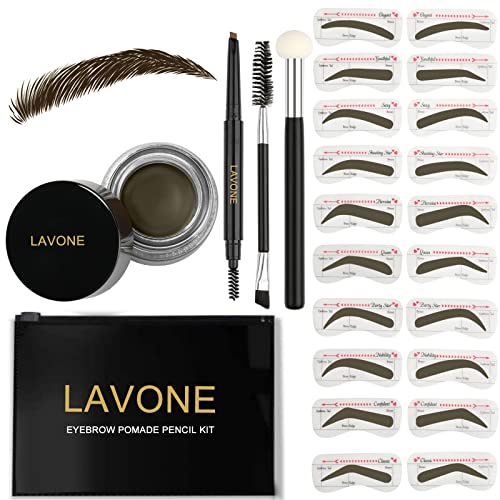 LAVONE Juego de 3 sellos para cejas con lápiz de cejas impermeable, ungüento para cejas, 20 plantillas para cejas, cepillo de cejas de doble cara