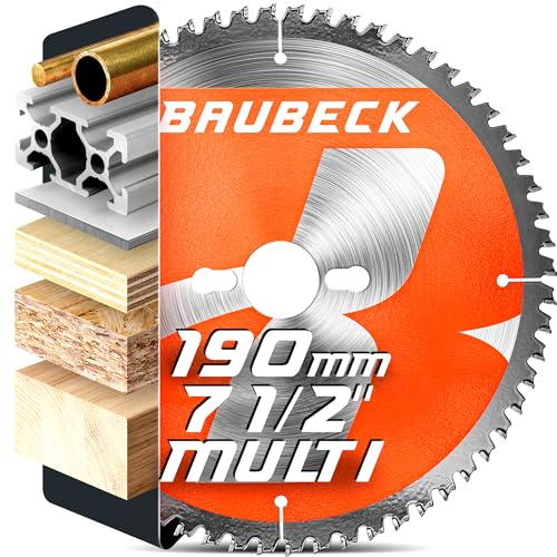 BAUBECK Circular Saw Blade 190mm x 30mm / 1 / 20 / 16mm for fine finish in Wood Metal etc. - TCT 190 mm saw blade x 80T - Compatible with Dewalt 54v Evolution Makita Freud 190mm saw blade