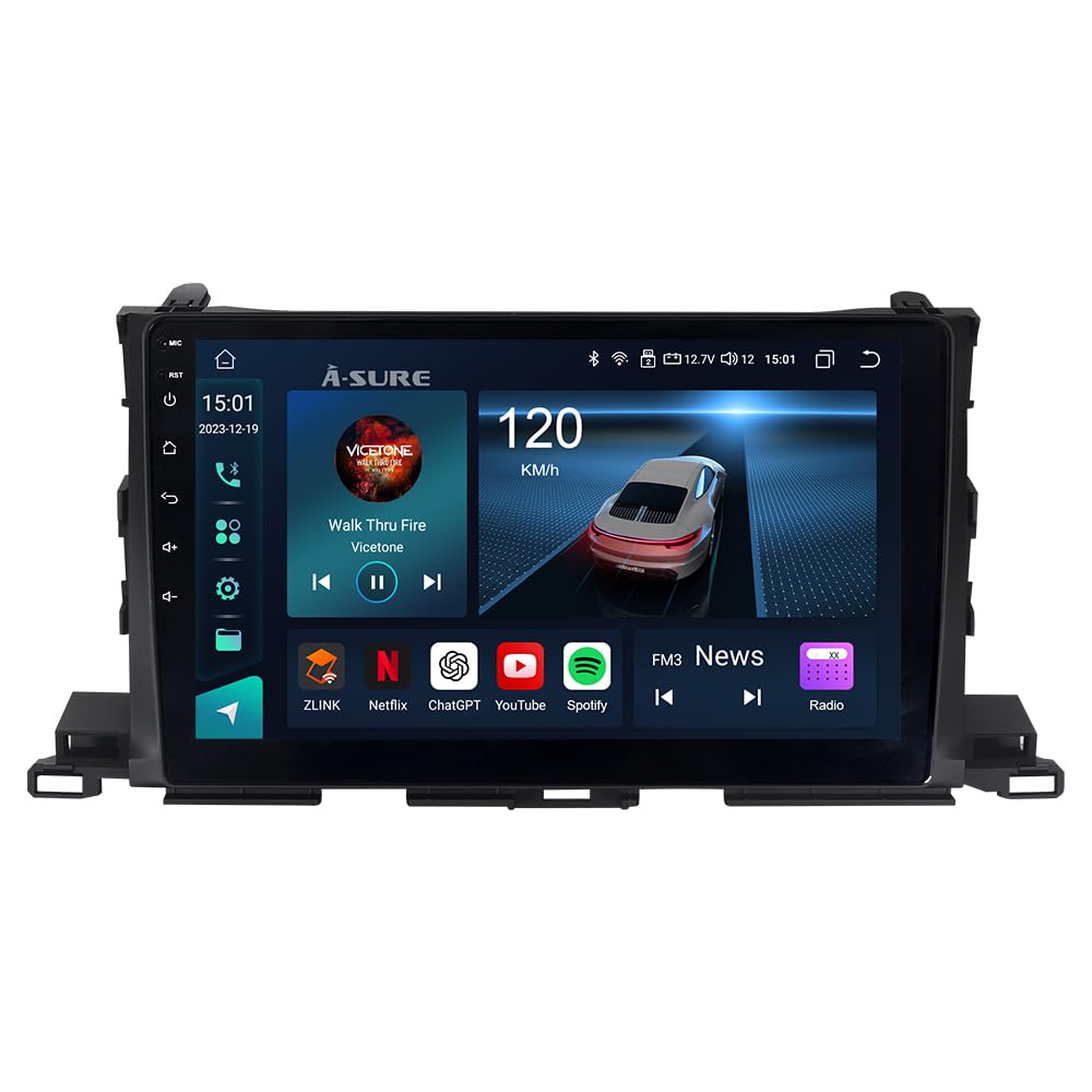 ASURE 10.1 inch Car Stereo Radio GPS Navigation Unit for Toyota Highlander 2014-2019 HD Touchscreen Multimedia Player,8Core 4G+64G Android with Wireless Carplay,Android Auto,SWC,DSP,Bluetooth