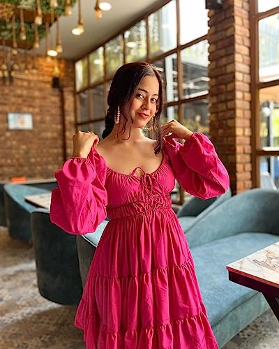 Image of Tandul Women Fit and Flare Dress Above Knee /Mid Thigh Length Casual Pink Crepe Dress, (6583)