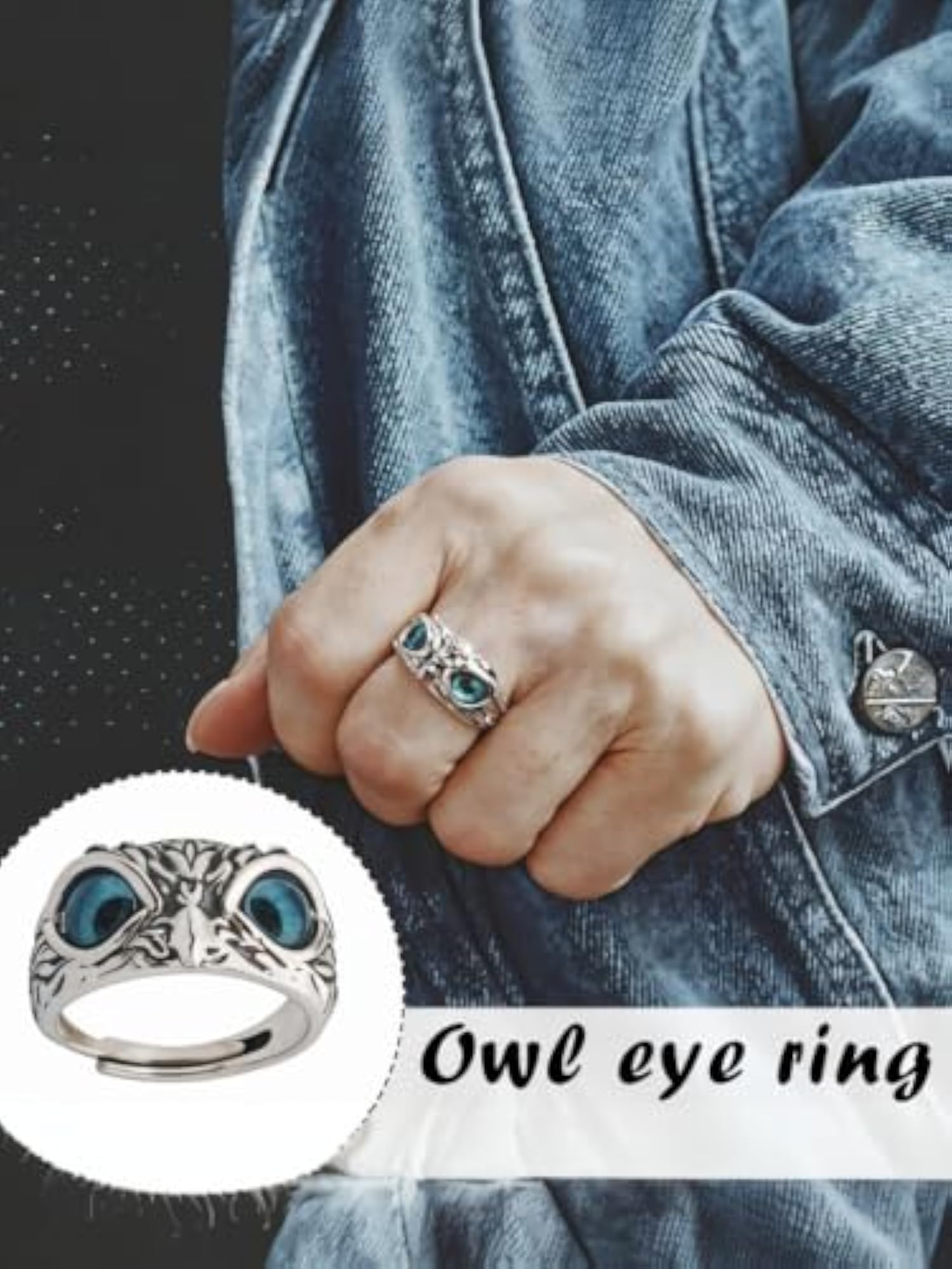 Gothic Blue Owl Eye Adjustable Ring, Stainless Steel