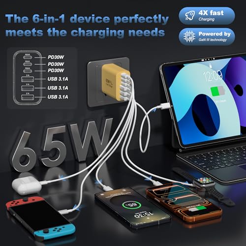 Image of 65W USB C Charger Block,6-Port Multi Device Fast Charger PD QC Wall Adapter | GaN technology saves space and reduces heat,ideal for home,office,travel,wide compatibility for iphone & USBC devices(Yellow