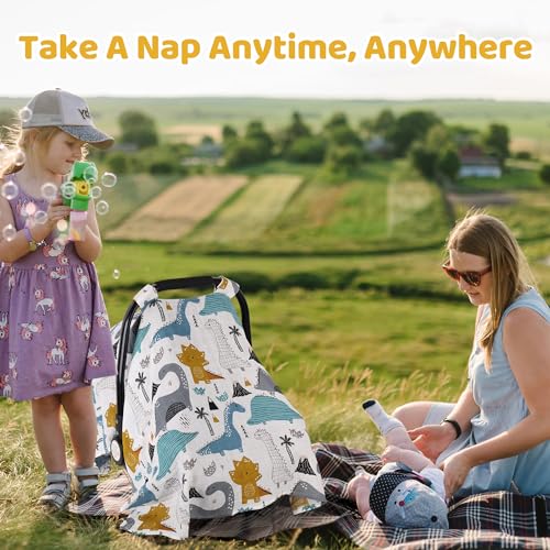 Image of Rquite Baby Boy Car Seat Cover, 100% Muslin Cotton Infant Carseat Canopy, Soft Breathable Stroller Sun Shade & Newborn Shower Gift, Large Size Universal Fit Summer, Hot & Warm Weather (Blue Dinosaur)