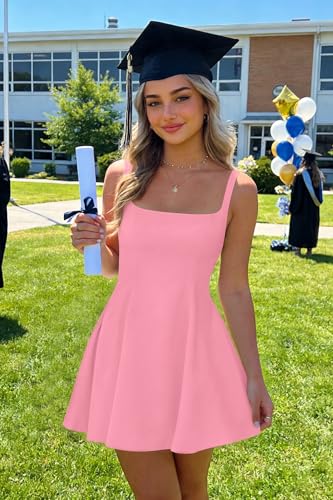 Image of Womens Square Neck Mini Dress Sexy Sleeveless Adjustable Straps Summer Cute A-Line Short Prom Cocktail Party Dresses