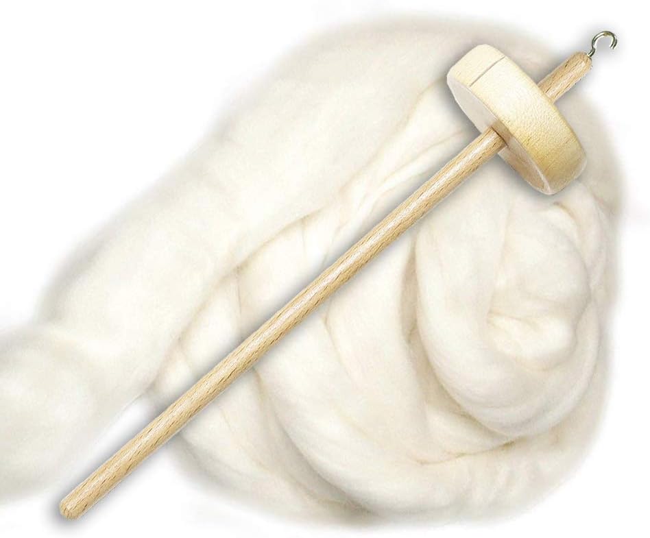 Drop Spindle Top Whorl Hand Carved Includes 4 oz Premium Natural White Wool Combed Top Roving Gift Bundle