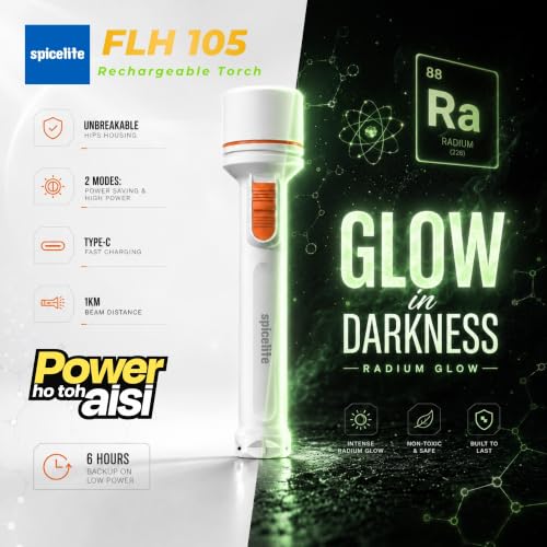 Image of 5W High Power LED Rechargeable Torch Light | 1KM Long Range Beam | 1200mAh Battery Up to 6 Hours Backup | 2 Light Modes | 500 Lumens | Radium Glow Body | IP 20 Rated | Type C | Outdoor Camping Travel